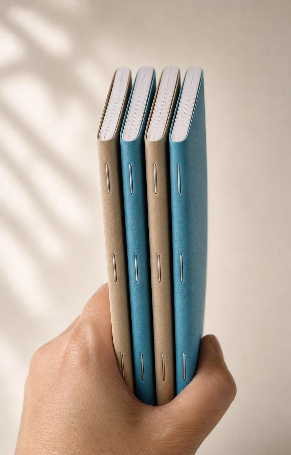 Four blue and natural kraft FOLD49 notebooks held edge-on, each showing its three-staple binding and page block
